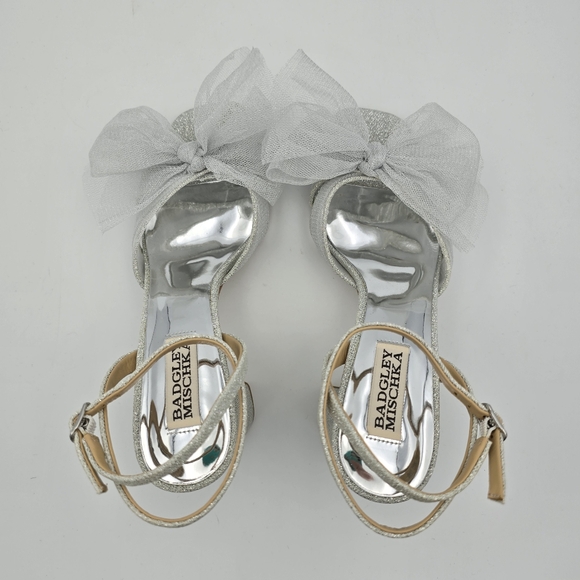 Badgley Mischka Tess Block Heel Sandals with Mesh Poof Bow, Silver Metallic, 6 - Picture 9 of 16